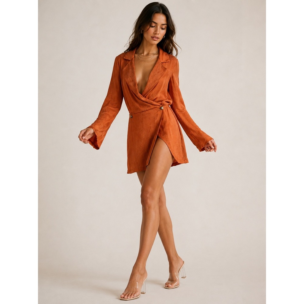 Free People Simone Notch Lapel Mini Dress Cinnabar XS Wrap Long Sleeve Boho Chic